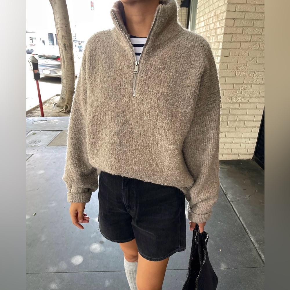 Cozy Funnel Neck Half-Zip Sweater - Taupe